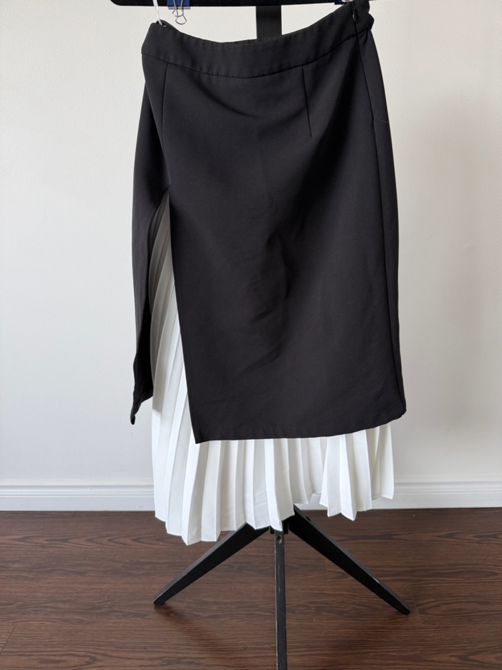 Commense Black Skirt with White Pleated Asymmetrical Hem